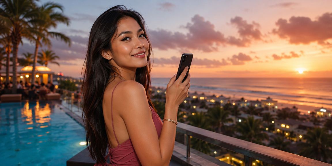 Seseorang mengakses aplikasi casino online dari ponsel di tepi pantai