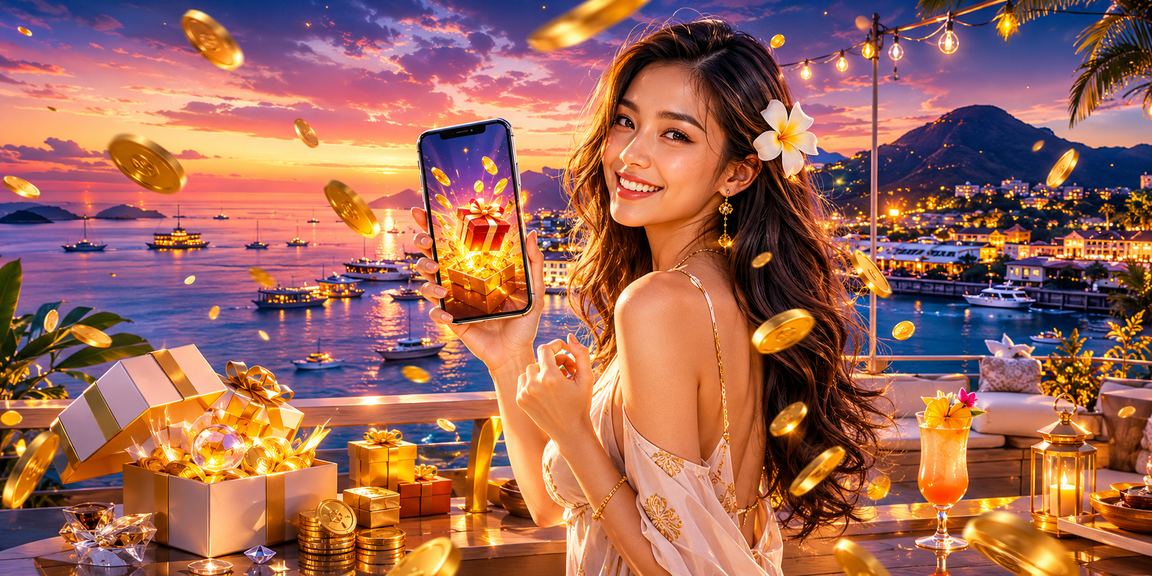 Suasana santai di pantai dengan tampilan bonus VIP dan undangan referral di layar